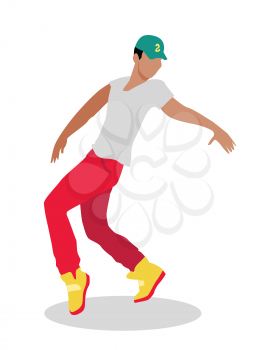 Hip hop and break street dancer. Street dance concept flat design. Vernacular dances in urban context. Culture and entertainment. Dance style evolved outside studios in available open space. Vector