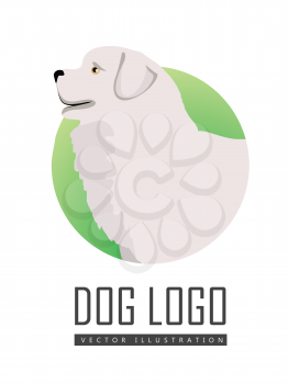 Dog logo vector illustration of Maremma Sheepdog breed dog isolated on white. Has solid, muscular build, thick white coat,a large head and black nose. Cartoon puppy. Home pet. Vector illustration