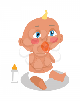 Child with nipple sits on the floor. Baby with nipple icon. Baby with milk bottle. Suckling icon. Baby in flat. Isolated vector illustration on white background.