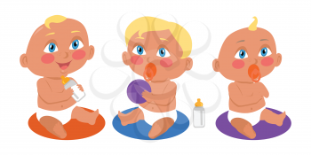 Set of babies playing in flat style. New born child. Education of a child during the first year. Parenthood concept. Nursery, education at home. Part of series of lifelong learning. Vector
