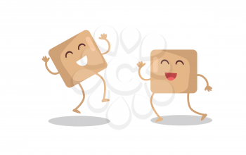 Smiling and dancing cane brown sugar cubes vector. Flat design. Funny cartoon of culinary ingredient. For restaurants menu illustrating, food concept, diet infigraphics.  Isolated on white background