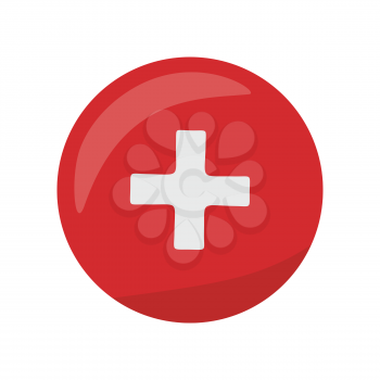 Red cross icon on the button. First medical aid ambulance sign symbol. Hospital emblem. Red cross aid. Flag of Switzerland on round circle. Health care concept. Pharmaceutical crest. Vector