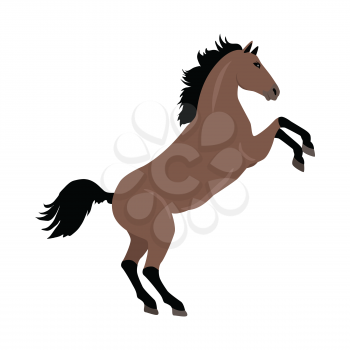 Rearing sorrel horse with hind legs vector. Flat design. Domestic animal. Country inhabitants concept. For farming, animal husbandry, horse sport illustrating. Agricultural species. Isolated on white