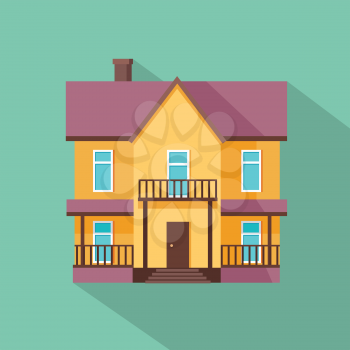 Happy house with terrace banner poster template. Exterior home icon symbol. Residential cottage. Part of series of modern buildings in flat design style. Real estate concept. Vector