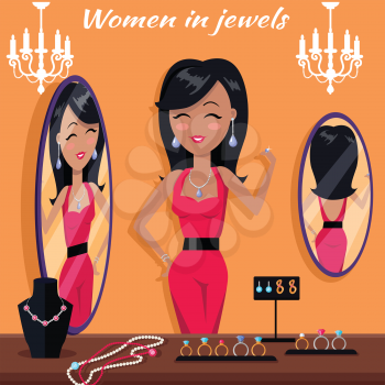 Women in jewels in front of the mirror. Jewelry banner concept design. Diamond and jewellery on model, necklace and jewels, jewelry model, ring fashion jewelry, store jewelry shop. Vector illustration