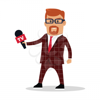 Media worker character vector. Flat design. TV journalist, reporter illustration. Live broadcast, breaking news concept. Man in brown checkered suite with microphone. Isolated on white background.