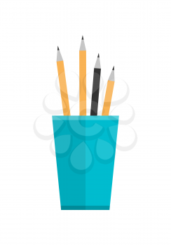 Blue glass with pencils. Stack of colored pencils in a glass. Plastic pencil holder, pen holder. Isolated object on white background. Vector illustration in flat style.