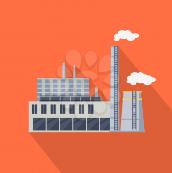 Factory building with pipes in flat. Industrial factory building concept. Industrial plant with pipes. Plant with smoking chimneys. Factory icon. Vector illustration with long shadow.