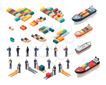 Set of sea port warehouse icons. Isometric projection. Cargo ships, color steel containers, workers in helmets with boxes and hidraulic loaders. For transport, delivery company ad, logo, app design