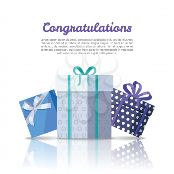 Congratulations conceptual web banner in flat style. Colorful gift boxes with ribbons on white background. Illustration for decoration, event management companies landing page design, sales ad