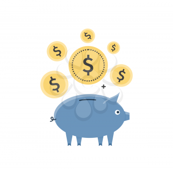 Savings concept vector. Bank interest illustration in flat style design. Golden coins falling in blue ceramic piggy bank. Tiny donations and investment. Isolated on white background.