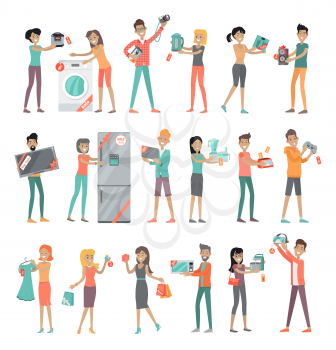 Set of peoples on store sale. Flat design vector. Man and woman happy characters holding different goods with sale stickers on it. Home technic, electronic devices, clothes, perfumes shopping 