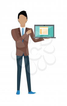 Standing man in brown jacket, blue pants and tie with laptop presents web infographic. Gray laptop with spreadsheet on blue screen. Website development project, SEO process information