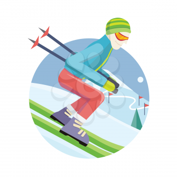 Skier on slope vector illustration. Flat design. Man in ski suit sliding from hill with slalom flags. Winter entertainments, outdoor activity and sport. Extreme slalom. For mountain resort ad