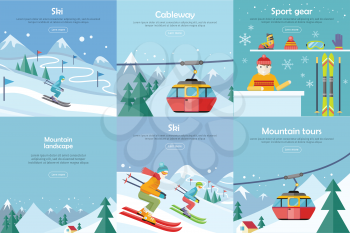 Set of winter leisure vector web banners. Flat style. Ski, cableway, sport gear, mountauin landscape, mountain tours concepts. Leisure on north nature. For mountain, ski resort landing page design