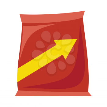 Plastic red bag snack with arrow in flat. Potato chips plastic packaging. Bag snack icon. Snack icon. Retail store element. Simple drawing. Isolated vector illustration on white background.