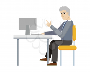 Business man working with desktop computer in office. Man in blue shirt and black pants sitting at the table and using computer. Businessman at the workplace. Isolated object in flat design