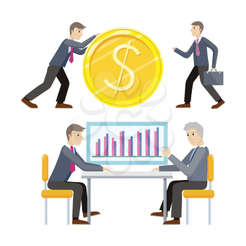 Investment and business planing vector concepts. Flat style. Man rolls giant gold dollar coin. Partners discuss financial results. Income, loan, savings, wages illustration for business concepts.