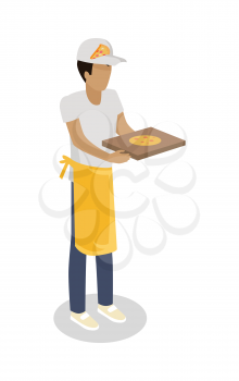 Pizza seller with fresh cooked pizza isolated. Street food vendor. Italian food salesman. Food restaurant worker. Human market seller. Shop worker, chief face. Delivery man icon. Vector illustration