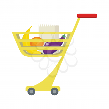 Shopping trolley with food products. Banana, orange, brinjal and paper bag. Shopping cart icon, supermarket and food, grocery. Part of series of shop equipment, fruits and vegetables. Vector