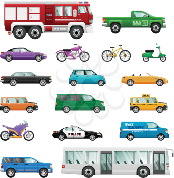 Big set of wheeled transport vectors. Flat design. Collection of personal, public, special, office, cars, motorcycles, buses, bicycles. For transport concepts, infographic ad app icon games design 