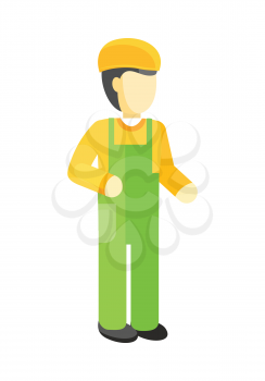 Worker in green uniform and orange helmet. Construction worker. Worker silhouette professional industrial repairman. Worker icon. Isolated vector illustration on white background.