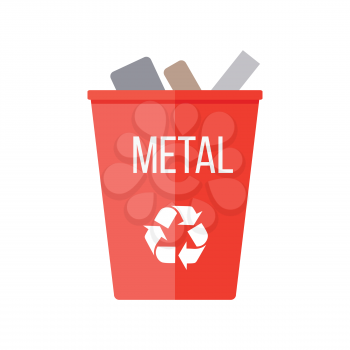 Red recycle garbage bin with metal. Reuse or reduce symbol. Plastic recycle trash can. Trash can icon in flat. Waste recycling. Environmental protection. Iron and metal products. Vector illustration.