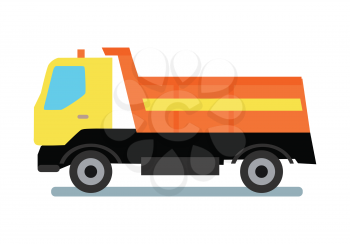 Delivery tipper truck transportation. Tipper with yellow cabin and orange vehicle. Cargo truck. Tipper dumper business truck transportation sand. Vector illustration in flat style design.
