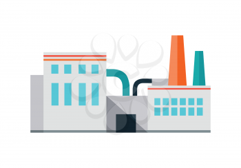Factory building with pipes in flat. Industrial factory building concept. Industrial plant with pipes. Factory icon. Isolated object in flat design on white background.