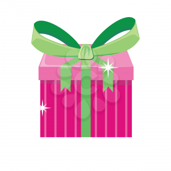 Christmas pink gift box with green bow isolated. Cartoon present in xmas holiday concept. Gift box surprise for anniversary or birthday. Funny illustration for children holiday celebration. Vector