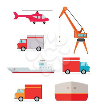 Set of transports for goods delivering. Helicopter truck excavator ship container car icons. Logistics container shipping and distribution. Transportation to any part of world. Loading and unloading