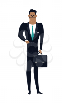 Businessman vector in flat design. Male character in business clothing with briefcase in hand. Illustration for companies ad concepts, presentations, infographics. Isolated on white background..
