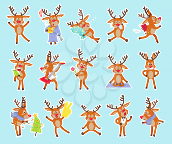 Set of funny deers vector. Flat style. Cute sleeping, hurry, crying, chanting, meditating, loving, angry, playing the guitar, resting cheerful confused celebrating Christmas deer cartoon  
