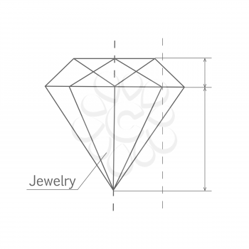 Diamond graphic scheme. Diamond shape. Blueprint outline jewelry gem. Craft jewelry making. A handmade jeweler process, manufacture of jewelery. Isolated vector illustration on white background.