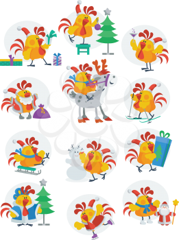 Rooster birds set isolated. Chinese calendar zodiac horoscope concept. Earthly Branch character. Cocks or Chickens collection in flat style. New year and xmas greeting cards. Vector illustration