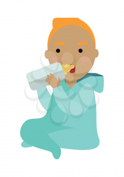 Adorable child drinking from bottle isolated on white. Little european baby drinks milk from the bottle. Small toddler sit and eat meal. Part of series of people of the world. Vector in flat style