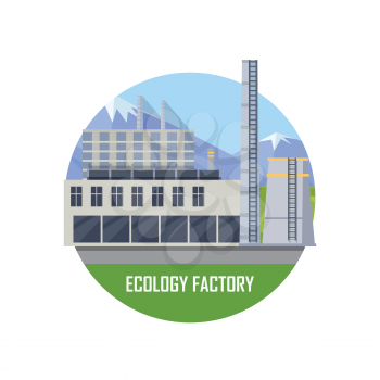 Ecology gray factory round icon. Factory building with pipes on nature landscape. Industrial factory building concept. Industrial plant with pipes in flat. Factory icon. Ecological production concept