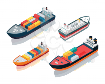 Set of seagoing cargo ships. Feeder vessels or feeder ships. Container ships carry load in truck-size intermodal containers, in technique called containerization. Platform supply vessel. Vector