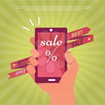 Discounts in electronics store concept. Smartphone in human hand, sale and best offer notices on red ribbon arrow flat vector illustration on green striped background. For shop promotions and ad