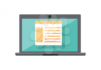 Gray laptop with spreadsheet on blue screen. Open laptop flat icon. Laptop with infographics. Concept of online business, commerce, statistics, information. Isolated vector illustration in flat