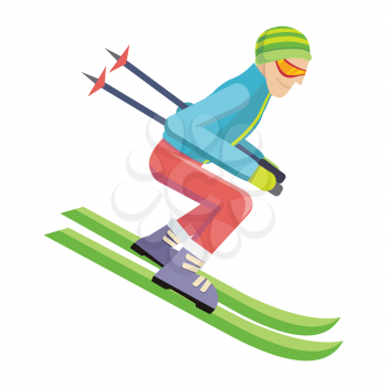 Skier isolated on white. Person skiing flat style design. Skis isolated. Winter season recreation winter sport activity. Slalom sport ski race. Athlete on the downhill. Extreme speed skiing. Vector