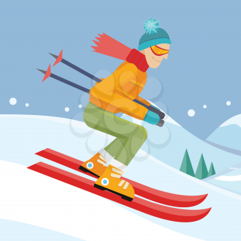 Skier on slope vector illustration. Flat design. Man in ski suit sliding from hill. Winter entertainments, outdoor activity and sport. Extreme slalom. For mountain resort ad