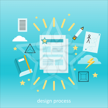 Design process banner flat concept. Process and procedure for the establishment of new creative design. Ready new design. Finished design. Drawing in pencil on sheet paper. illustration