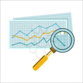 Magnifier with colour diagram on squared paper. Diagram icon. Concept of online business, commerce statistics, business analysis, information. Isolated object on white background. Vector illustration.