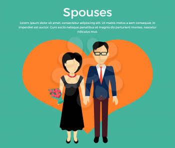 Spouses concept vector. Flat design. Male and female without faces in formal wear holding hands on background of big heart silhouette. Illustration for engagement, marriage, anniversary invocations.