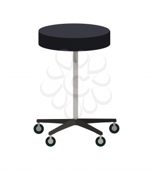 Stool on wheels vector. Flat design. Simple round chair with four wheels. Traditional furniture for clinic, bar, hairdresser, shop, office. Isolated on white background.