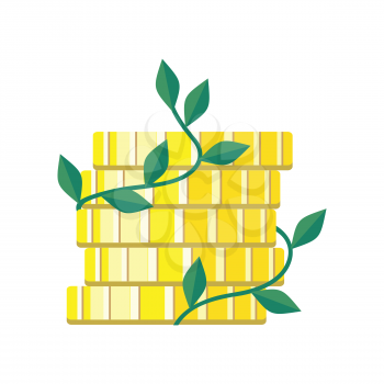 Plant growth from money coin stack isolated on white. Icon of business and creativity. Business investment growth concept. Strategic management. Money deposits to bank sign. Vector design illustration