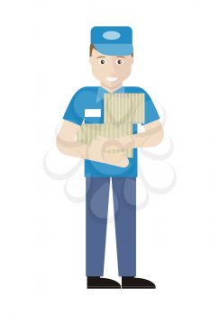 Profession series with young man sales assistant, merchandiser. Seller holds boxes in his hands. Shop assistant isolated on white. Salesman on his working place unpacking items. Vector illustration