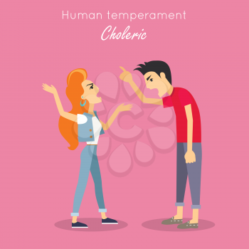 Choleric type of human temperament vector concept. Flat Design. Red-head woman and brunet man emotionality arguing. People personality reactions and problems. For psychological tests illustrating  