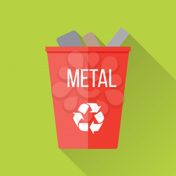 Red recycle garbage bin with metal. Reuse or reduce symbol. Metal recycle trash can. Trash can icon in flat. Waste recycling. Environmental protection. Vector illustration.